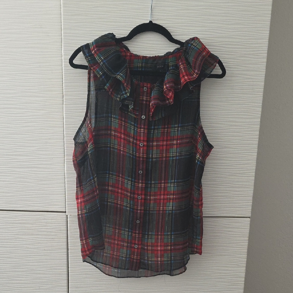 J. Crew Red and Black Plaid Ruffle Blouse